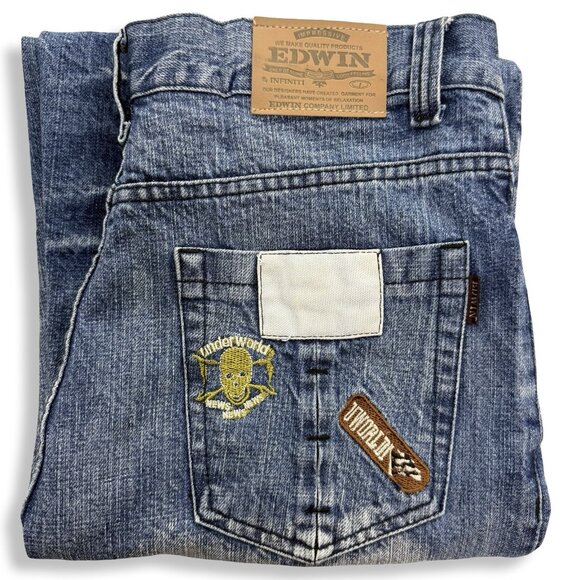 Edwin Jeans Mens 34x30 Straight Wide Distressed Streetwear‎ Underworld Logo Blue - Picture 2 of 14